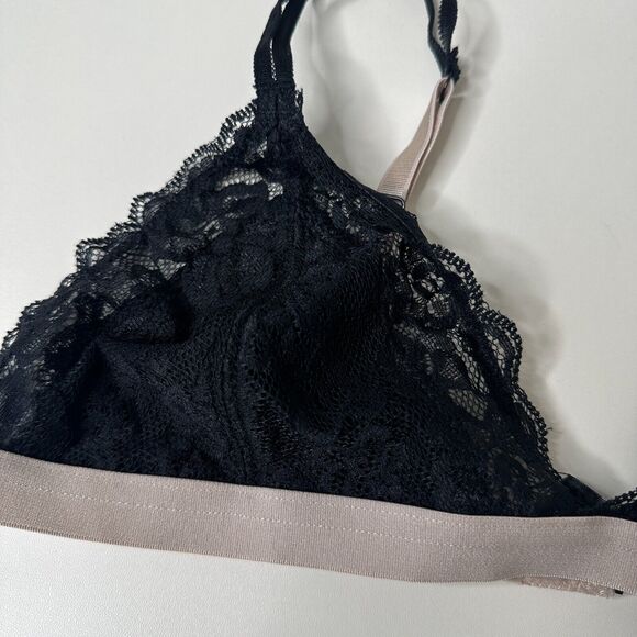 Black With Nude Edging Triangle Lace Bralette Adj Straps Hook & Eye Close Large - Picture 3 of 12